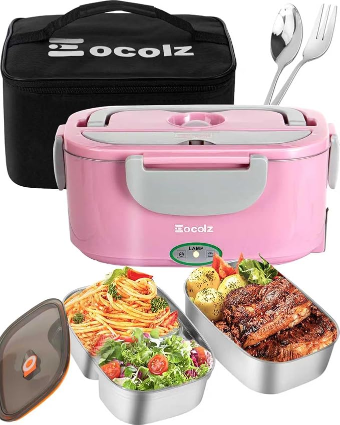Eocolz Electric Lunch Box Food Heater 80-100W, Food Warmer with Dual Container 1.5L Portable Heated Lunch Box for Car Truck Work Stainless Steel Fork & Spoon 12/24/110V for Adults Lonchera Eléctrica by Eocolz