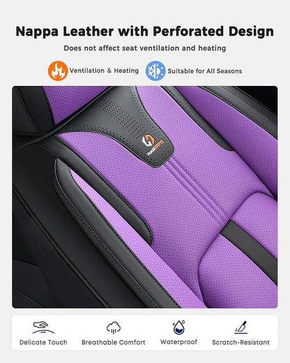 Huidasource Front Car Seat Cover Luxury Nappa Leather, Leather Front Seat Covers with Airbag, Front Storage Pocket, Lumbar Support, Cooling＆Heating Universal Fit for Most Cars SUV Trucks, Black&Purple - Image 5