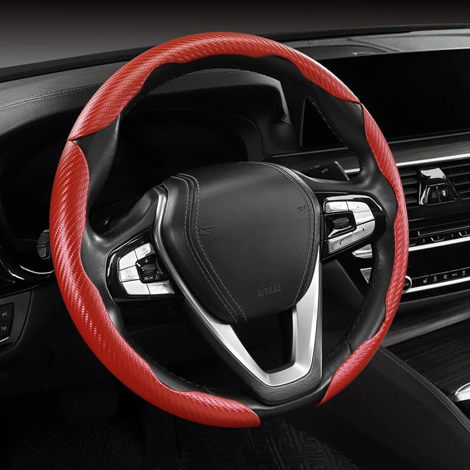 Carbon Fiber Steering Wheel Cover Universal 3pcs Protector Matte Red - Image 6