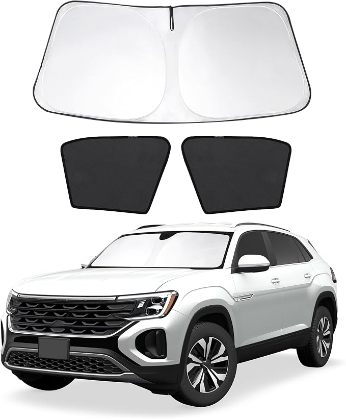 3PCS Car Window Shades Front Windshield Sun Shade Foldable Window Shade Custom Fit for Volkswagen Atlas VW Atlas Cross Sport 2018-2026 Shades Windows Anti-UV Rays Block Heat by FannycCargoCover