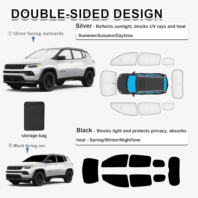 KMF Windshield Sun Shade with Side Rear for Jeep Compass 2017-2026 | 8pcs Thickened Window Sun Shade Cover Sun Visor Shield,Car Window Covers for Camping,UV Block and Privacy Protect Accessories - Image 5