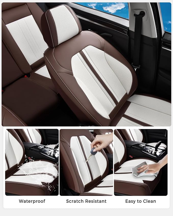 Huidasource Car Seat Covers Full Set, Luxury Faux Leather Car Seat Covers, Velcro Adjustable, with Airbags, Child Seat, Cooling＆Heating, Universal Fit for Most Cars, Vans, Trucks, SUVs, Coffee＆White - Image 7