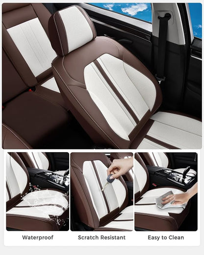 Huidasource Coffe White Front Seat Covers Luxury Faux Leather Front Car Seat Cover, Compatible with Airbags, Seatbelt Buckles, Perforation, Cooling＆Heating Universal Fit for Most Cars Vans Trucks SUVs - Image 6