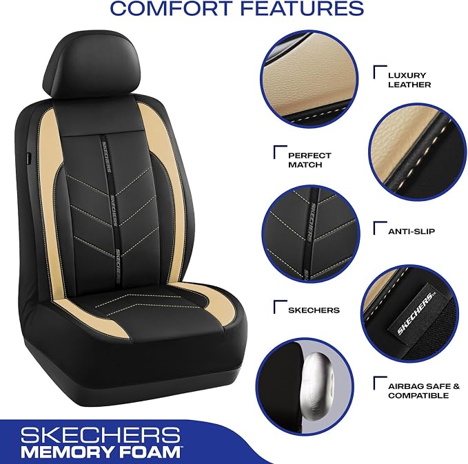 Skechers Car Seat Covers,Luxury Faux Leather Seat Covers,Waterproof Anti Slip Car Seat ProtectorFull Set,Car Accessories Airbag Universal Fit for Most Cars,Vans,Trucks,SUV,Beige - Image 4