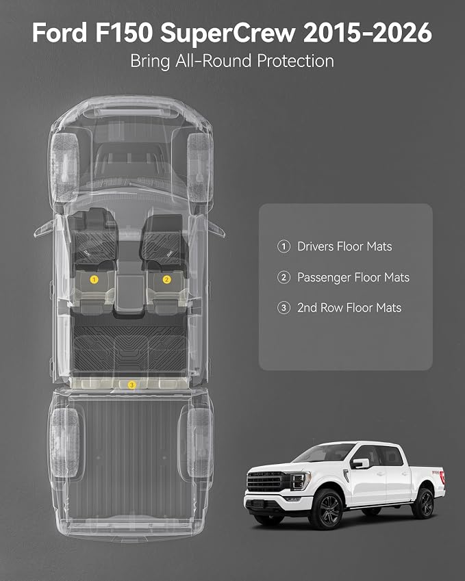 3W Floor Mats for Ford F150 2015-2026 & F150 Lightning 2022-2025 SuperCrew | (w/o Fold-Flat Storage) TPE All-Weather Custom Fit, Front & Rear 3PCS | Heavy Duty, Easy Clean - Black - Image 3
