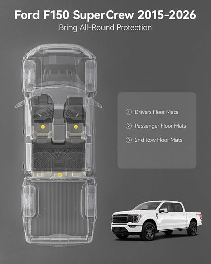 3W Floor Mats for Ford F150 2015-2026 & F150 Lightning 2022-2025 SuperCrew | (w/o Fold-Flat Storage) TPE All-Weather Custom Fit, Front & Rear 3PCS | Heavy Duty, Easy Clean - Black - Image 3
