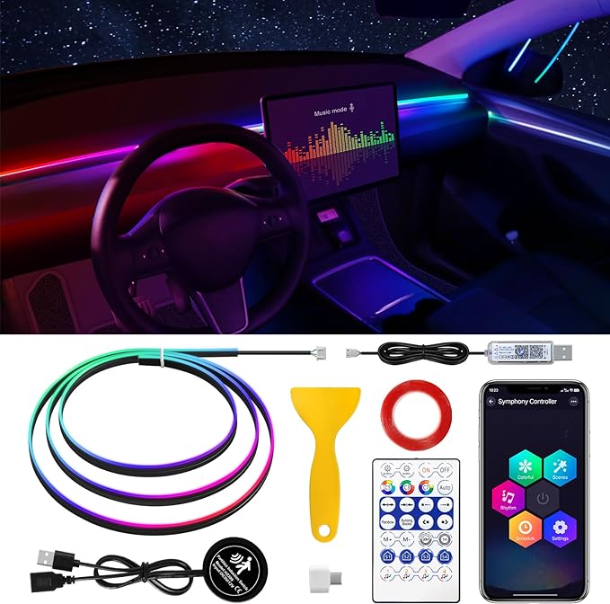 Dreamcolor Acrylic Interior Car LED Strip Light with Motion Sensor Switch, 55.1 inches Neon LED Strip Light, RGB Colors Ambient Lighting Kits by MAODANER