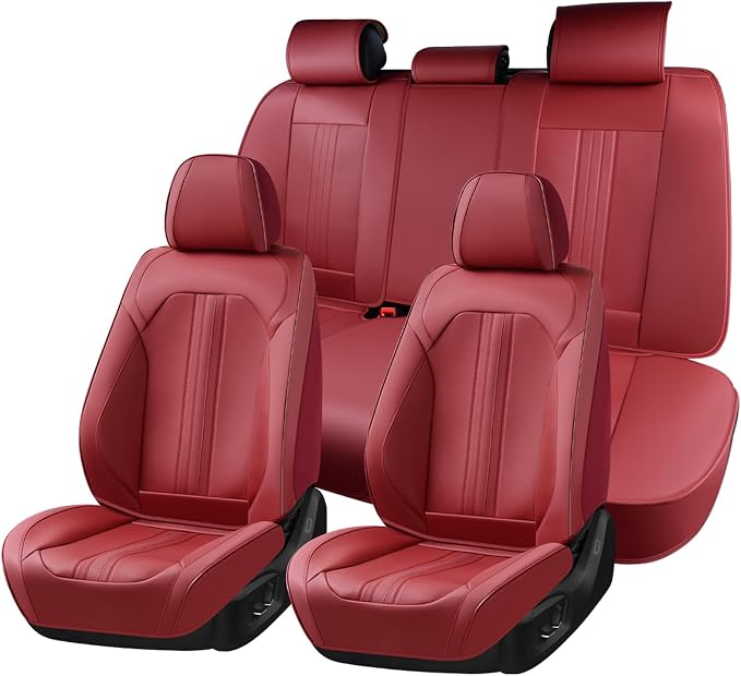 Huidasource Red Seat Covers, Luxury Faux Leather Car Seat Covers, Velcro Adjustable, with Airbags, Child Seat, Perforation Cooling＆Heating, Universal Fit for Most Cars, Vans, Trucks, SUVs, Red by Huidasource
