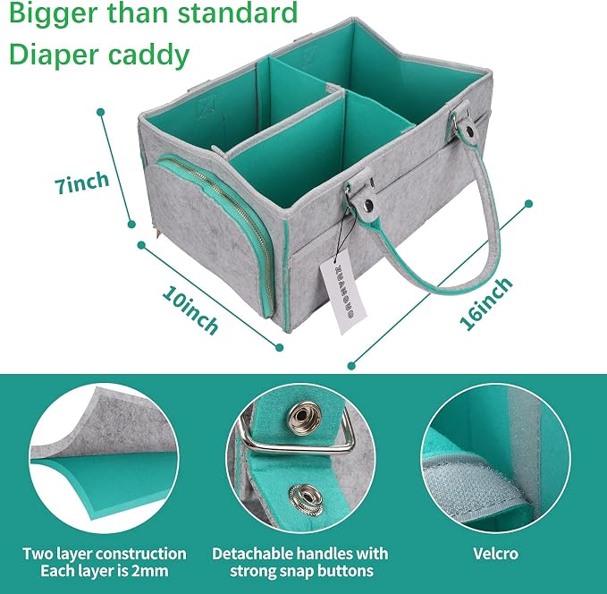 XUANGUO Large Baby Diaper Caddy Organizer, Felt Basket with Handles, Green | Nursery storage bin with dividers; portable tote bag for baby stuff, changing table or car, baby shower and registry gifts. - Image 3