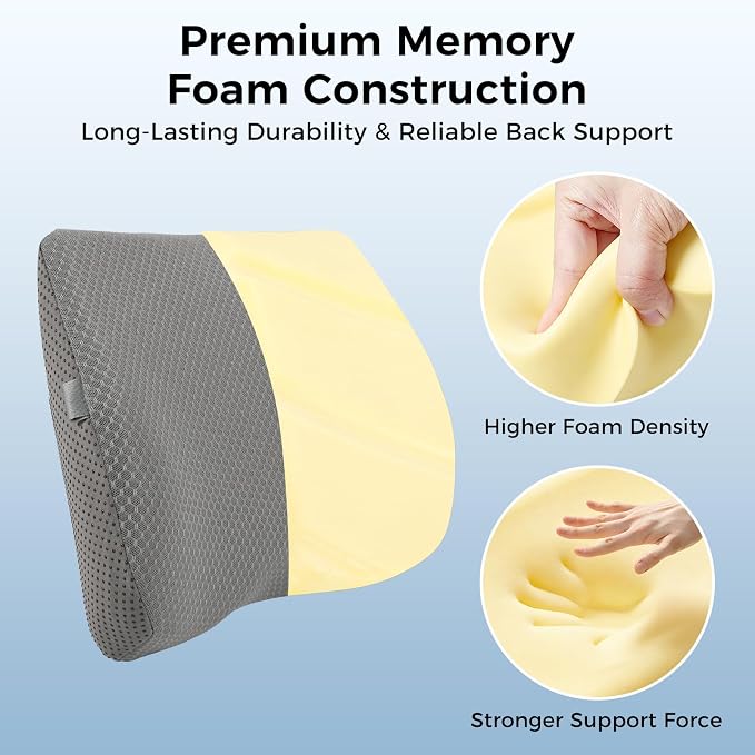 Lumbar Support Pillow for Car & Office Chair - High-Density Memory Foam Back Cushion for Sciatica & Lower Back Pain Relief - Non-Slip Support for Long Commutes & Desk Workers (3D Mesh Gray) - Image 5