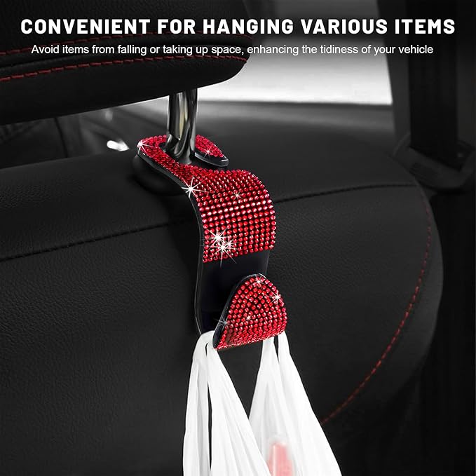 4 PCS Bling Car Seat Headrest Hooks, Sparkly Crystal Rhinestone Auto Back Seat Hanger Backpack Storage Hanger, Universal Diamond Handbag Hanging Holder for Car RV SUV Truck (Red) - Image 4