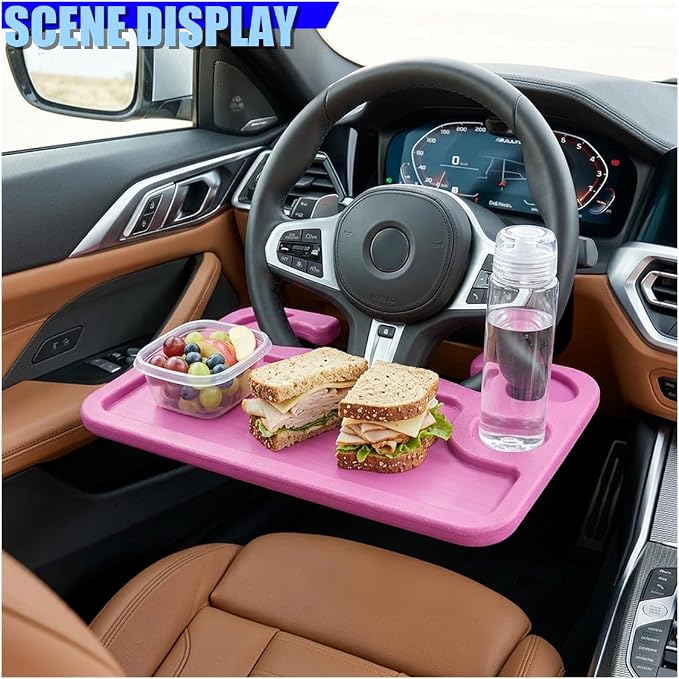Car Steering Wheel Desk, 2 in 1 Multipurpose Auto Steering Wheel Tray with Drink Holder and Pen Slot, Portable Vehicle Computer Office Table Travel Accessories for Laptop, Food (Pink) - Image 5