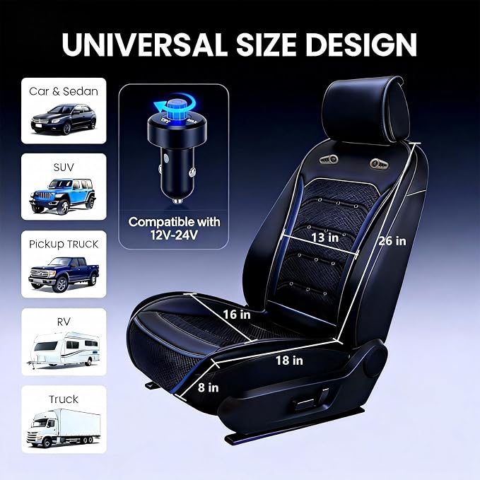Upgraded Cooling Car Seat Cover with 3-Second Fast Cooling(Black) | 12V–24V for Car SUV Truck RV, Universal Size Design, Breathable 3D Mesh & Premium Leather, Best Gift for Drivers - Image 4