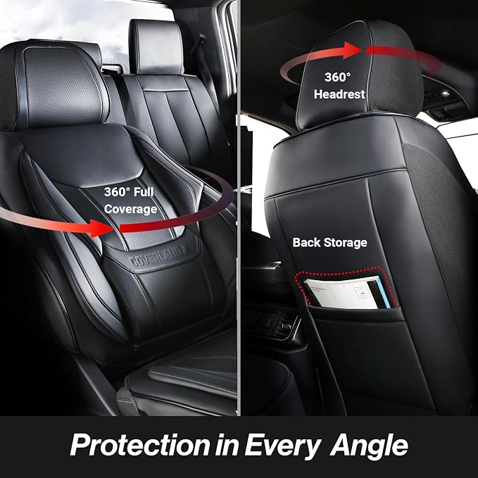 Coverland Custom Car Seat Covers Full Set, 2011-2024 F-450 Super Duty Crew Cab, Super Cab, Airbag Compatible, Water Resistant Leather, Memory Form Back Support Car Seat Cushion (Full Set - Black) - Image 4