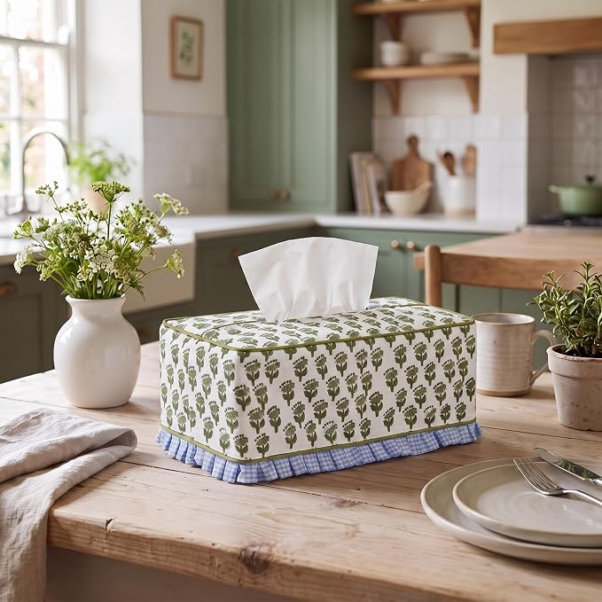 Block Print Fabric Tissue Box Cover, Hydrangea, Olive Green | Rectangular Ruffle Sleeve, Decorative Holder for Bathroom Vanity Car, Napkin Dispenser Grand Millennial Boho Decor Home - Image 7