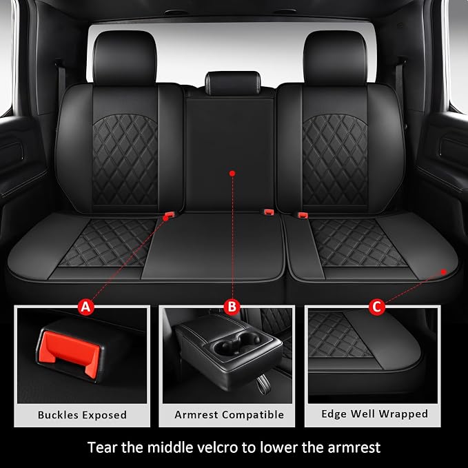 Dodge Ram Seat Covers Full Set Fit for 2009-2026 Ram 1500/2500/3500 | Ram Seat Covers Black,Waterproof Truck Seat Covers ,ram 1500 2500 3500 Seat Covers, Heavy Duty with Split Flat Bench 40/60 - Image 4