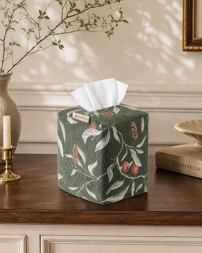 Chenille Tissue Box Cover - Vintage Farmhouse Decor, Green Leaf | Tissue Box Cover Square, Cube Tissue Holder, 4.5x4.5x5.5 in, Home, Living Room, Bathroom, Bedroom, Office, Vanity, Car Decor - Image 6