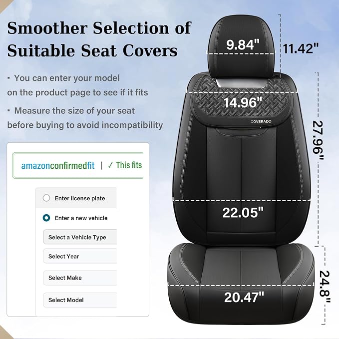 Coverado Car Seat Covers Full Set, Luxury Nappa Leather Seat Cover, Universal Seat Covers for Cars, Front and Back Waterproof Seat Cover Car Seat Protector Fit for Most Cars(Black) - Image 6