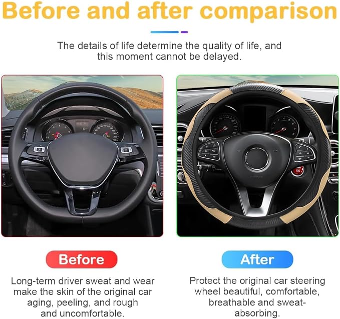 Osilly 15 Inch Carbon Fiber PU Leather Steering Wheel Cover, Black/Beige | full-wrap protective surface, flexible ringless design, hand-stretch setup, fits matching rim sizes, automotive accessories - Image 3