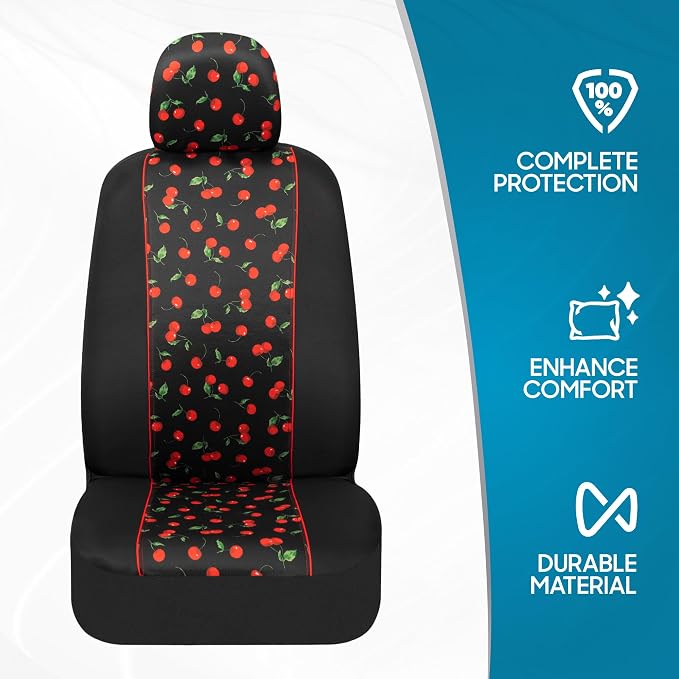 BDK Red Cherry Car Seat Covers for Front Seats, 2 Pack – Classic Pattern with Matching Headrest, Sideless Design for Easy Installation, Fits Most Car Truck Van and SUV - Image 3