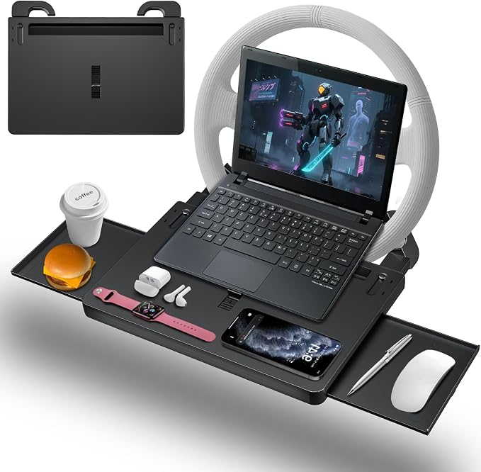 Steering Wheel Tray, Car Food Tray, Car Desk for Laptop, Multipurpose Car Table for Eating & Work, Adjustable Car Tray with Drawer and Anti-Slip Protective Adhesive by EverywhereWeGo