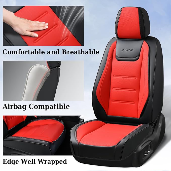 Coverado Car Seat Covers Full Set, Seat Covers for Cars, Car Seat Protector Waterproof, Leather Cushion, Universal Car Interior Covers Seat Protectors for Most Cars Black-Red - Image 3