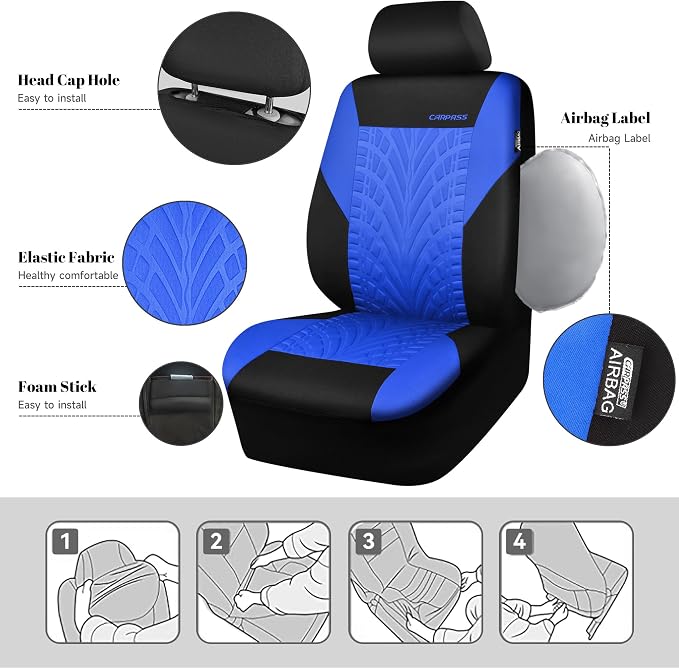 CAR PASS Car Seat Covers Two Front Only for Car, 3D Tyre Print Automotive Interior Covers, Airbag Compatible, Quick Setup Universal Fit Seat Covers for Car, Truck, SUV(Black and Blue) - Image 2
