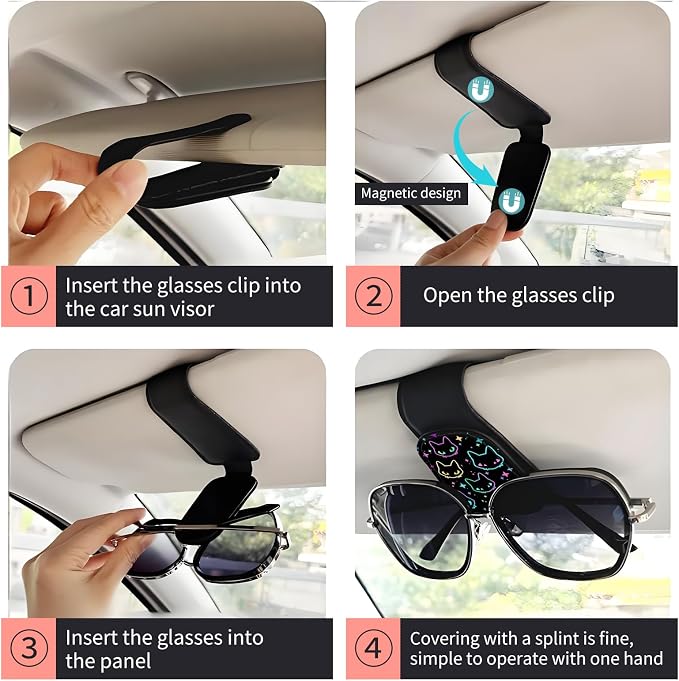 Sunglasses Holder for Car Visor, PU Leather Glasses Clip Organizer, Cute Magnetic Eyeglass Holder for Vehicle Sun Visor, Car Interior Accessory for Women & Men Neon Outline Cat - Image 3