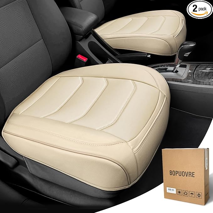 BOPUOVRE Car Seat Cover for Luxury & Comfort PU Leather | Anti Slip Full Wrap Protection Storage Pocket Cushion Universal Fit 95% Vehicles Yellowish White 2 Piece by BOPUOVRE