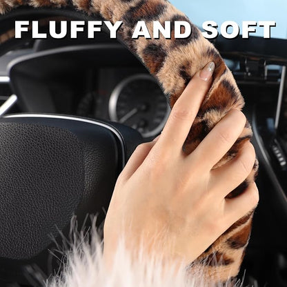 SEG Direct Fluffy Furry Steering Wheel Cover Fuzzy Gear Shift, Leopard | Gear Shift Cover, 2 PCS Set, Soft and Warm, Cute Fur Auto Decor, Standard Size 14.5- 15 inch for Women Men, Brown Leopard - Image 3