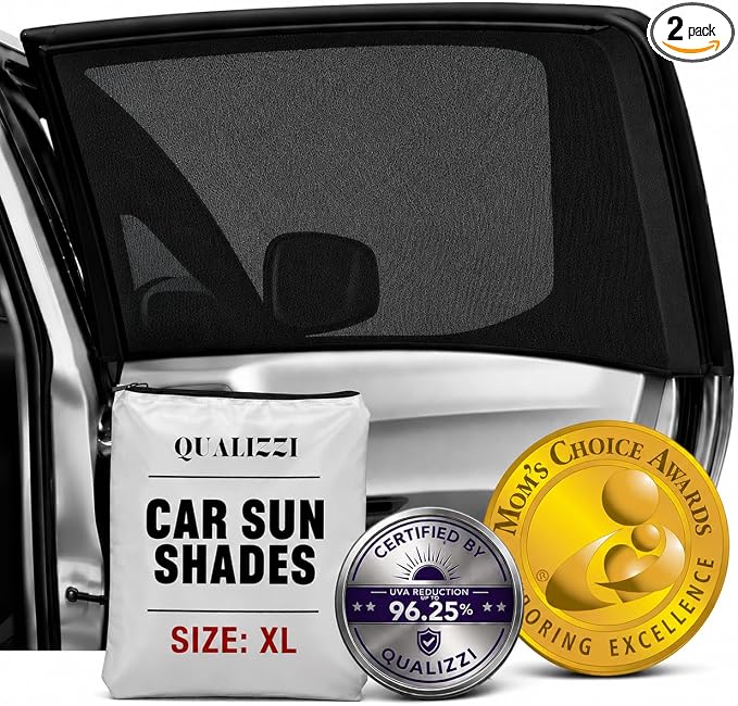 XL/Car Side Window Shades for SUV. 8 Sizes/2 Pack. Stretch-to-Fit Mesh for Rear Windows Up to H:20" x W:46". Sun, Heat & Bugs Protection, Blocks 96% UVA. Camping Windows Screens | Qualizzi® by Qualizzi