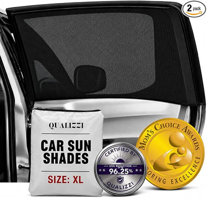 XL/Car Side Window Shades for SUV. 8 Sizes/2 Pack. Stretch-to-Fit Mesh for Rear Windows Up to H:20" x W:46". Sun, Heat & Bugs Protection, Blocks 96% UVA. Camping Windows Screens | Qualizzi® by Qualizzi