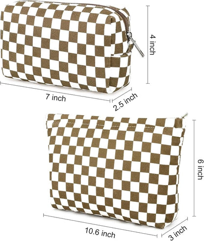 SOIDRAM 2 Pcs Checkered Makeup Bag Large Cosmetic Bag Toiletry Bag Makeup Pouch Travel Bag Organizer Cute Makeup Brushes Aesthetic Accessories Storage Bag for Women Coffee Brown - Image 3