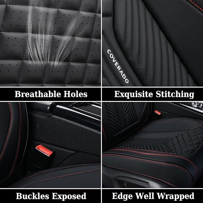 Coverado Car Seat Covers Full Set, 5 Seats Leather Seat Covers for Cars, Waterproof Front and Rear Car Seat Protectors Cushions Universal Fit Most Vehicles (Black) - Image 7