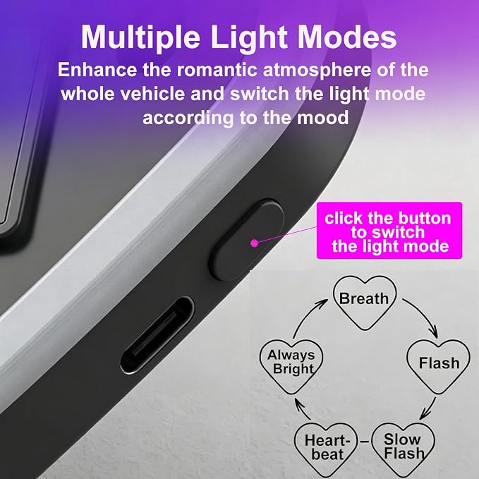 Rechargeable Solar-Powered Wireless Double-Heart LED Light for Car Decor | with 6 Lighting Modes and Vibration Sensor, Romantic Ambient Gift for Couples/Women/Men, Pink, 1 Pcs - Image 2