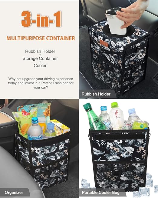 Pritent Car Trash Can with Lid Leakproof Car Garbage Bag Vehicle Trash Bin | Hanging Automotive Garbage Can,Multipurpose Car Accessories for Women Men Interior Car Storage Organizer(2 Gal,Lily Print) - Image 5