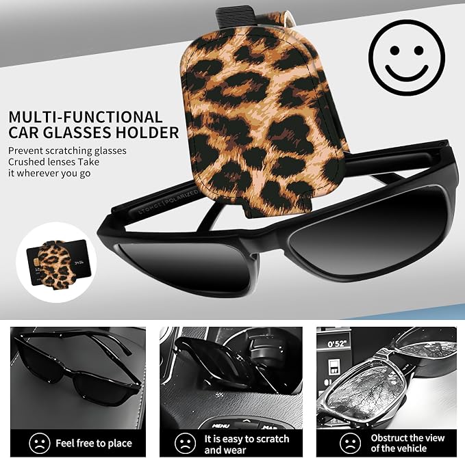 Leather Magnetic Sunglass Holder for Car Sun Visor, Cute Eyeglass Ticket Card Hanger Clip, Universal Auto Interior Accessories for SUV Pickup Truck Classic Leopard - Image 2