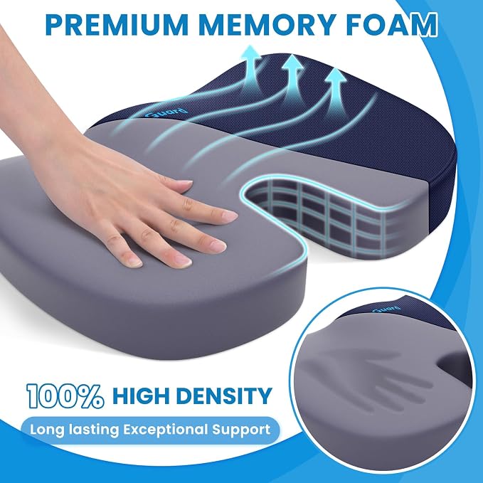 Memory Foam Seat Cushion for Office Chair, Car Seat, Blue, XXL | Office Chair Cushion for Car, Airplane - Chair Pad for Long Sitting Sciatica, Hip, Coccyx,Tailbone Pain Relief, Butt Pillow - Image 3