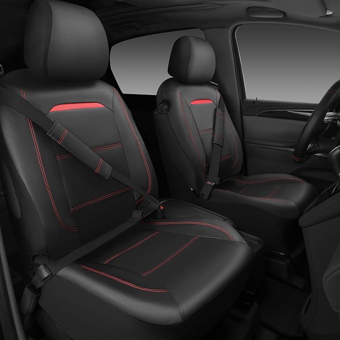 CAR PASS Leather Car Seat Cover Full Set with Steering Wheel Cover and 2PCS Seat Belt Shoulder Pads,for Trucks and SUV with Built-in Seatbelts and Front Seat Side Armrests(Combo Set, Black and Red) - Image 2