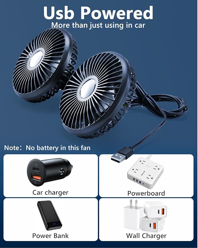 Dual Head Car Cooling Fans for Back Seat for Kids, Usb 5V/ 12V /24V Car Backseat Headrest Fan for Baby Rear Facing, Car Seat Cooler That Blow Cold Air for Vehicles Sedan Suv Rv Truck Without Ac - Image 2