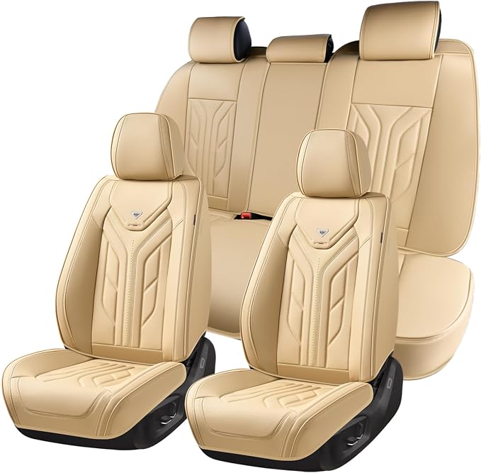 Coverado Car Seat Covers Full Set, Automotive Seat Covers Car Seat Protector Car Seat Cushion, Waterproof Leather Seat Covers for Cars, Universal Fit for Most Sedans SUV Pick-up Truck(Beige) by COVERADOAUTO