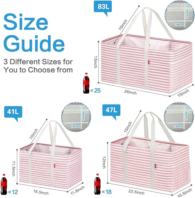LHZK Standing Extra Large Utility Tote Bag with Metal Wire Frame and the Sides Rinforced, Extra Large Tote Bag with Handle, Reusable Grocery Bags Foldable, Beach Bag, Car Tote (Pink, 26''x15''x13'') - Image 4
