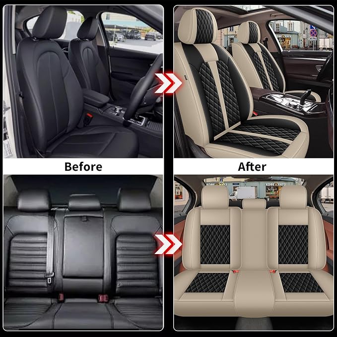 IKABEVEM Car Seat Covers Fit for Mazda CX-7 2007-2012 Full Set | Waterproof Faux Leather, Airbag Compatible, Easy Install & Wipe Car Seat Protector,5 Seats Covers Fit for CX-7, Beige&Black - Image 6