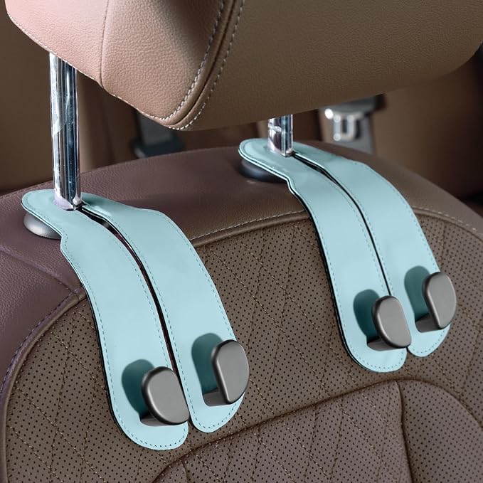 CoBak Purse Hook for Car - Universal Premium Stitched Leather and Aluminum-Magnesium Alloy Double Car Seat Back Storage Hook for Purses, Handbags, Bags (2 Pack),Baby Blue by PopulartabletcasebrandWegivepeoplethebestdesignofprotectingvariouselectronicdevices