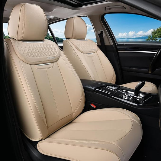 Coverado Seat Covers, Car Seat Covers Front Seats, Beige Nappa Leather Car Seat Covers, 2 Pack Waterproof Front Seat Covers, Breathable Leather Seat Cushion Universal Fit Most Cars Trucks by COVERADOAUTO