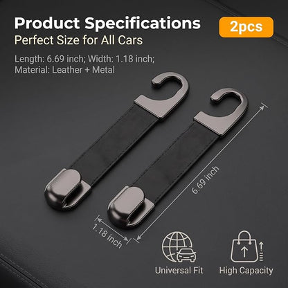 2PCS Leather Metal Car Headrest Hanger, Simple Style Car Seat Headrest Hooks, Multi-Purpose Car Seat Back Organizers, Universal for Purses, Handbags, Bags (Black) - Image 2