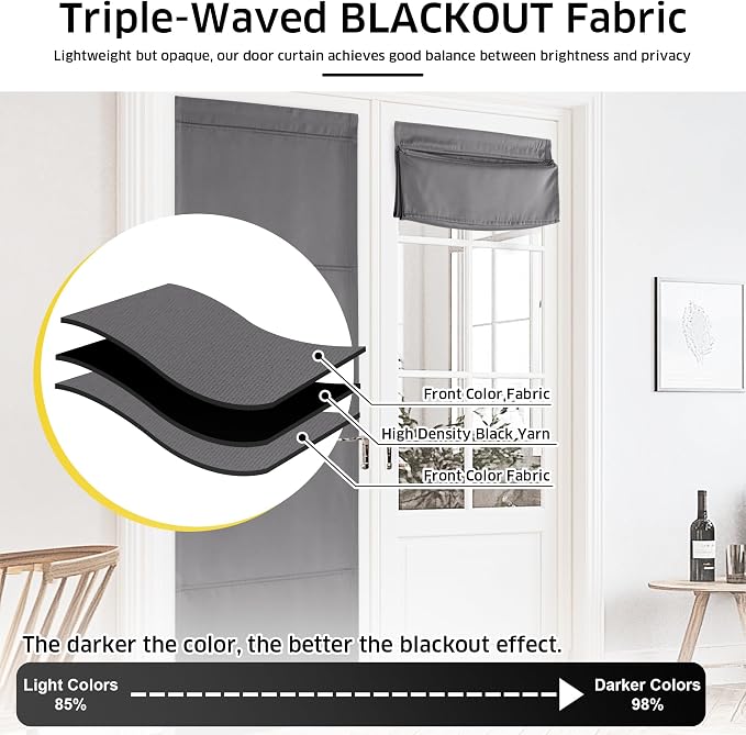 NICETOWN Grey Magnetic Blackout No Drill French Door Curtain for Window | Thermal Insulated Short Curtain Blinds, Tie Up Roman Shade, Front Sidelight Curtains for Window Glass 24" W x 48" L, 1 Panel - Image 6
