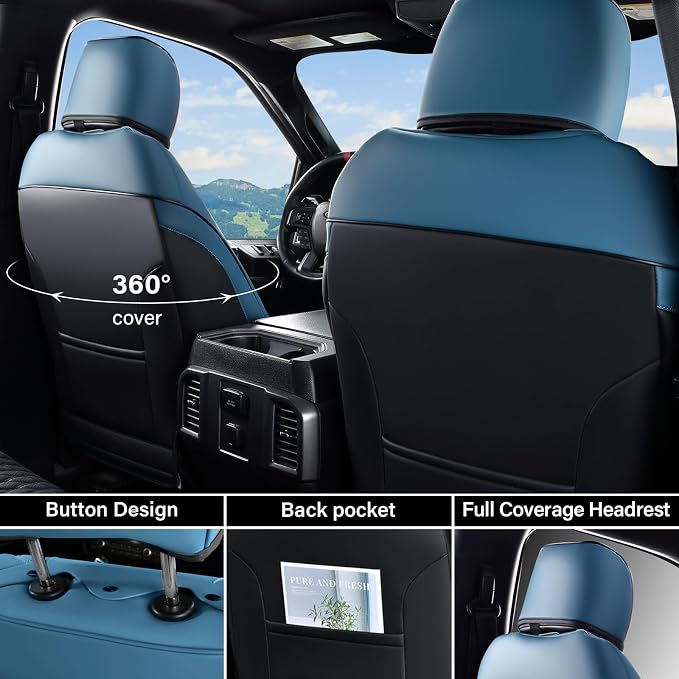 Coverado Chevy Chevrolet Silverado GMC Sierra Seat Covers Full Set, Fit for 2007-2013 & 2019-2026 1500, 2020-2026 2500HD 3500HD Crew Double Extended Cab, Faux Waterproof Leather Seat Covers (Blue) - Image 2