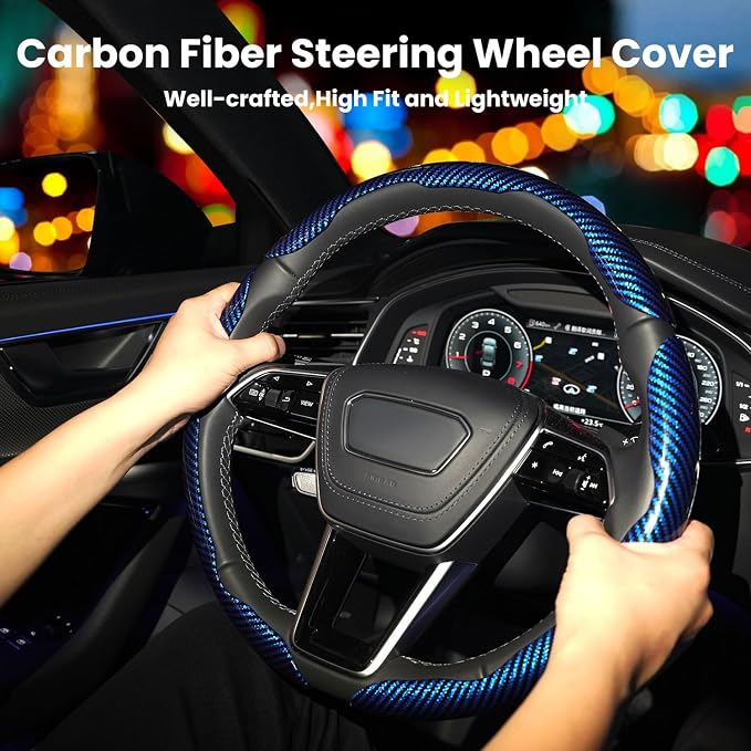 Hiseanllo Carbon Fiber Steering Wheel Cover 3PCS Set – Anti-Slip, Scratch-Resistant, Universal Fit for 14–16 Inch Wheels – Interior Car Accessories for Cars, SUVs, Trucks (Blue) - Image 2