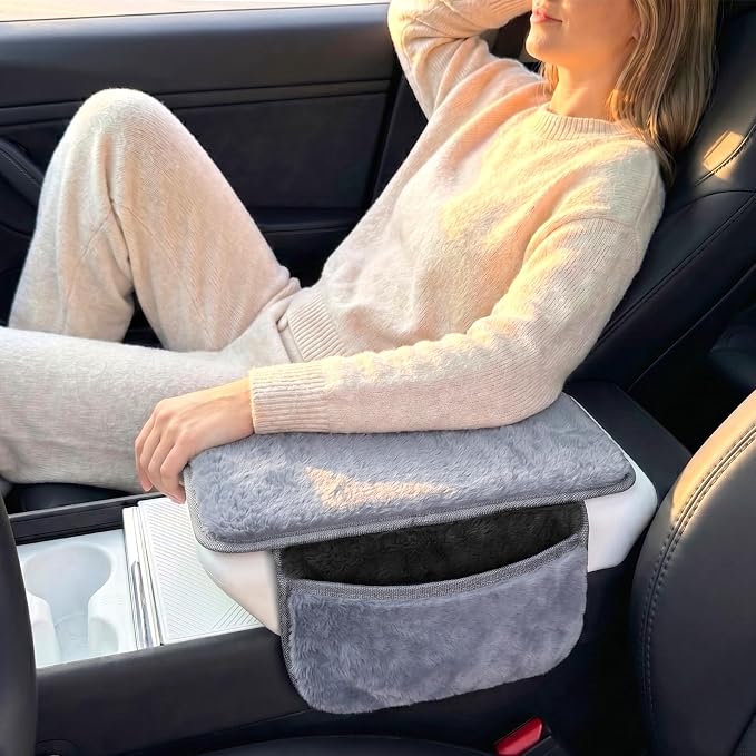 Plush Fuzzy Fur Car Armrest Cover with Side Pockets,Grey | Fluffy Armrest Cushion Pad,Soft Center Console Cover,Car Interior Storage Accessories ,for Most Car Decoration Protector - Image 2